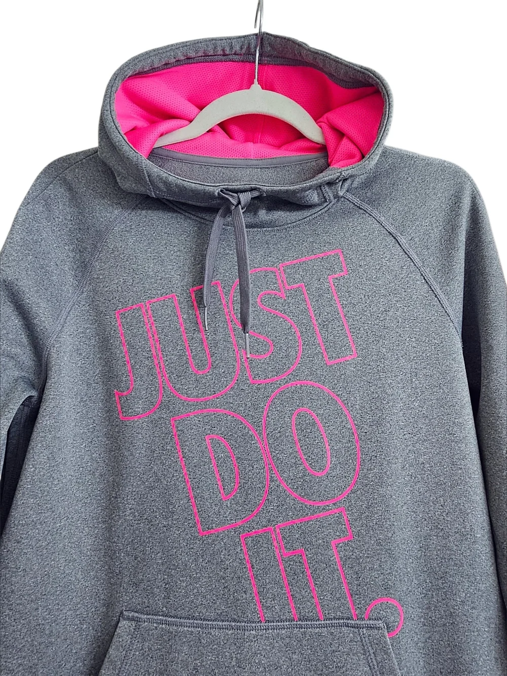 Nike Neon Pink & Gray Just Do It Graphic Pullover Hooded Sweatshirt Small